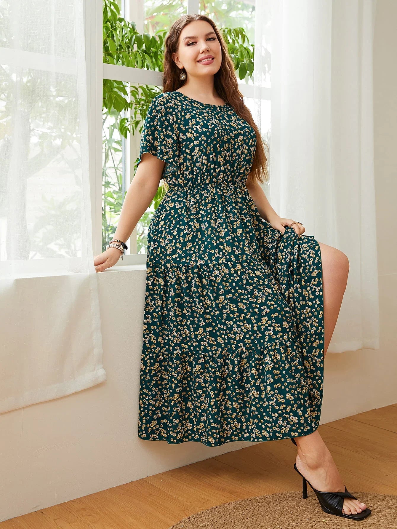 Honey Plus Size Floral Round Neck Short Sleeve Midi Dress - Southern Shores Clothing