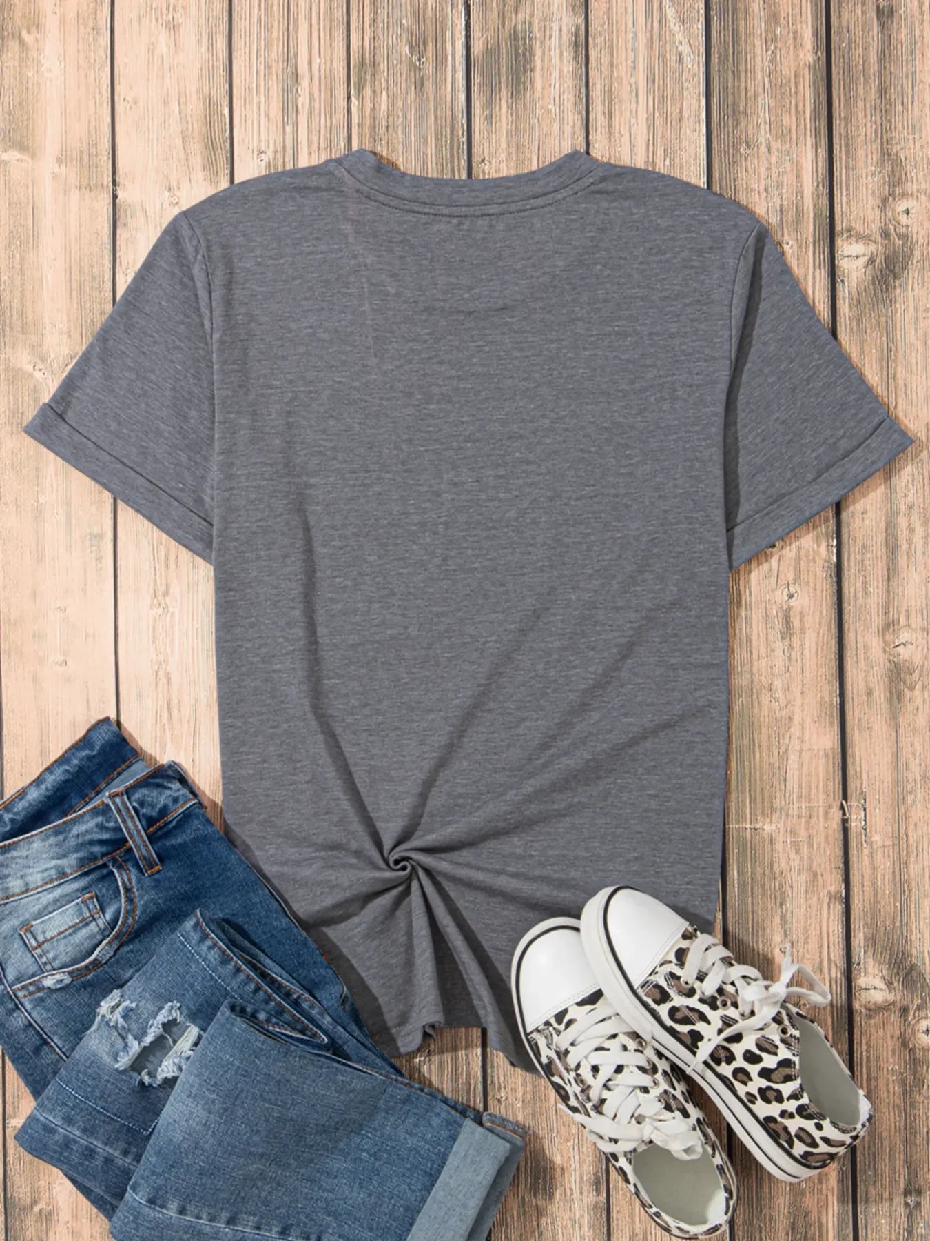 Heart Graphic Round Neck T Shirt Leopard Accent - Southern Shores Clothing