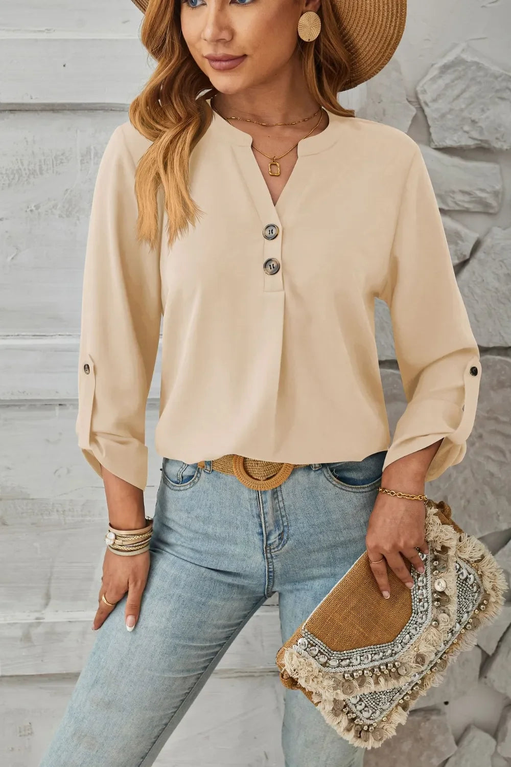 Decorative Button Notched Long Sleeve Blouse - Southern Shores Clothing