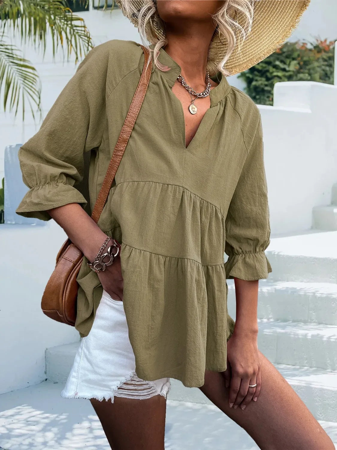 Southern Shores Clothing Notched Flounce Sleeve Blouse Made From Cotton Blend Fabric - Southern Shores Clothing