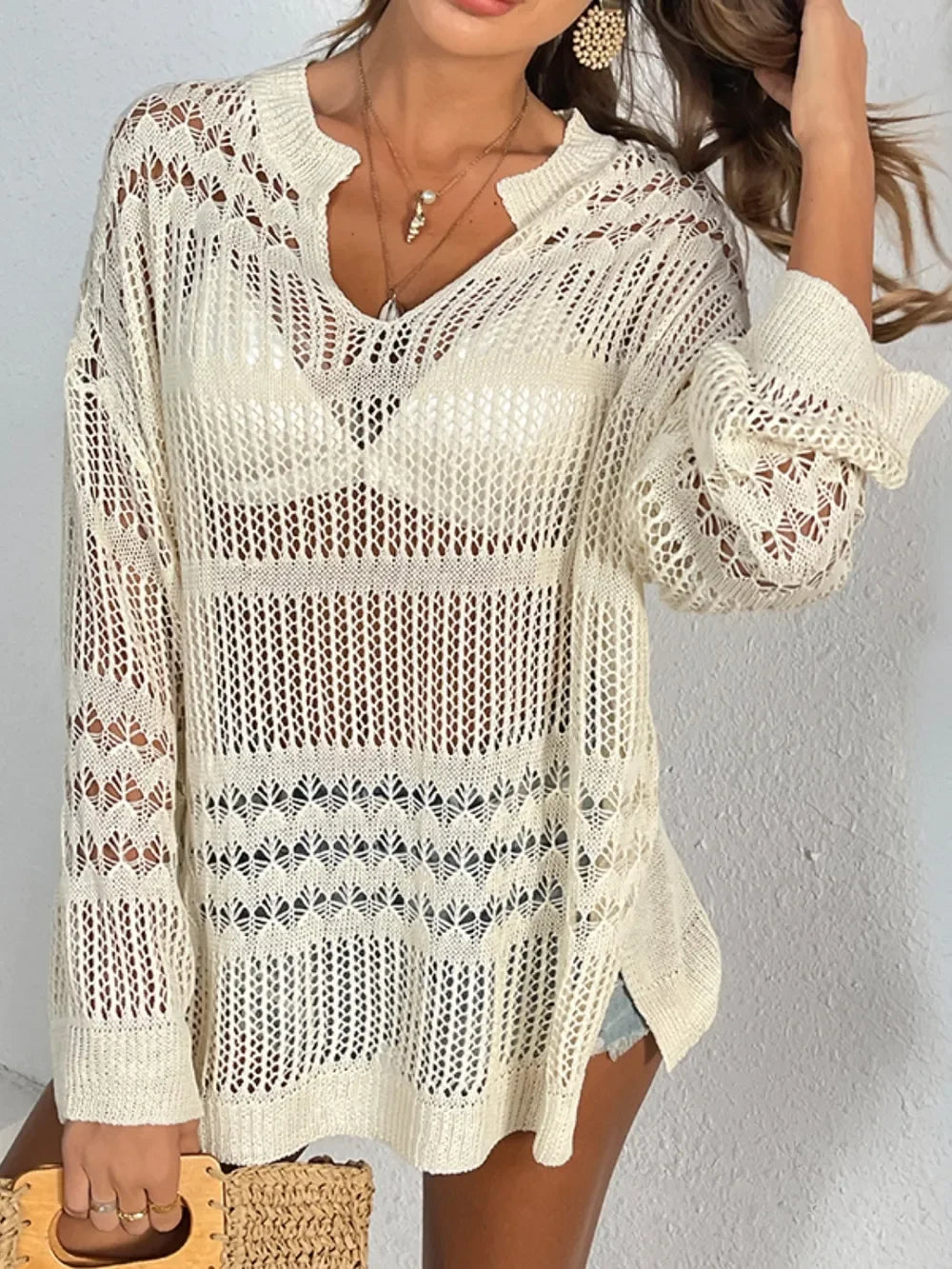 Lightweight Semi-Sheer Cutout Long Sleeve Cover-Up - Southern Shores Clothing