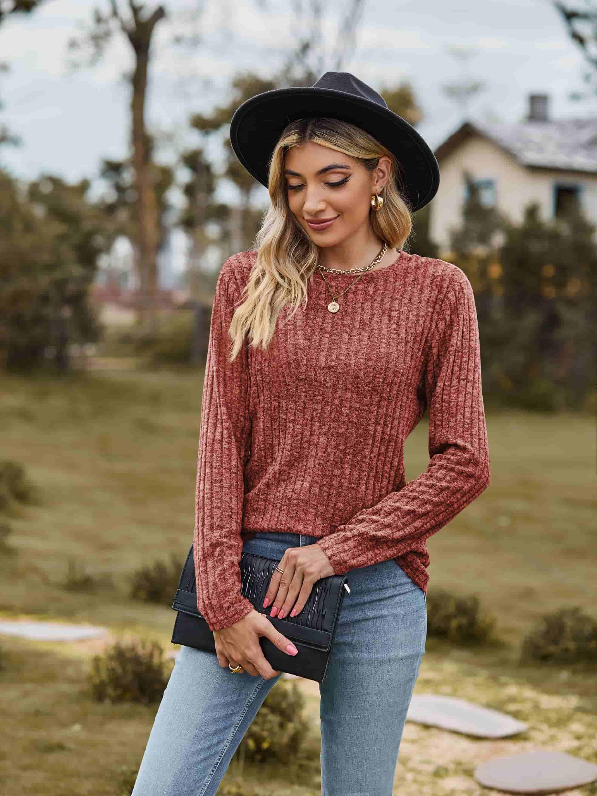 Ribbed Round Neck Long Sleeve Tee For Everyday Wear - Southern Shores Clothing