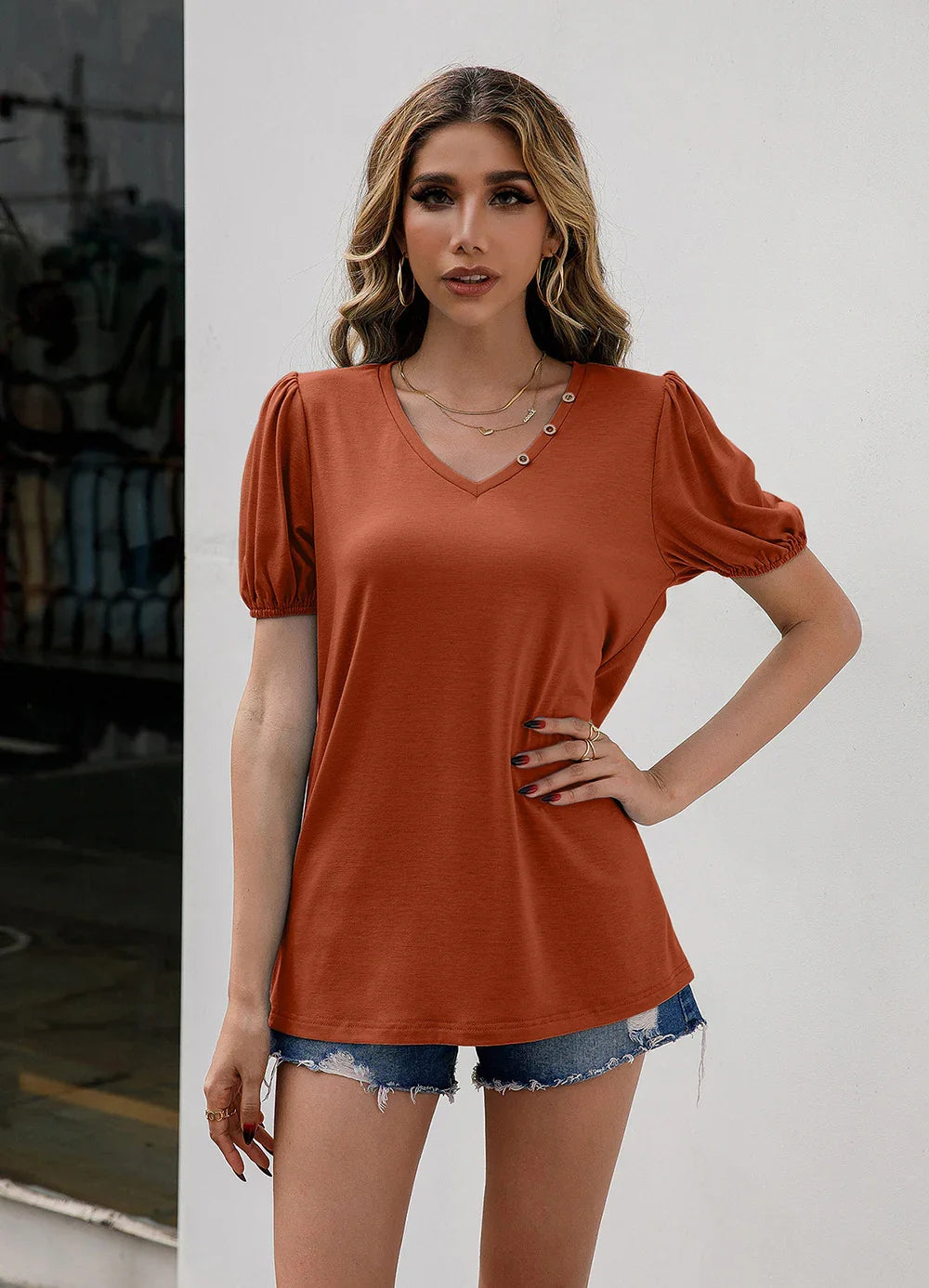 V-Neck Puff Sleeve Tee With Decorative Buttons - Southern Shores Clothing