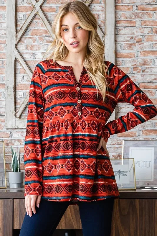 Long Sleeve Geometric Babydoll Top With Button Details - Southern Shores Clothing