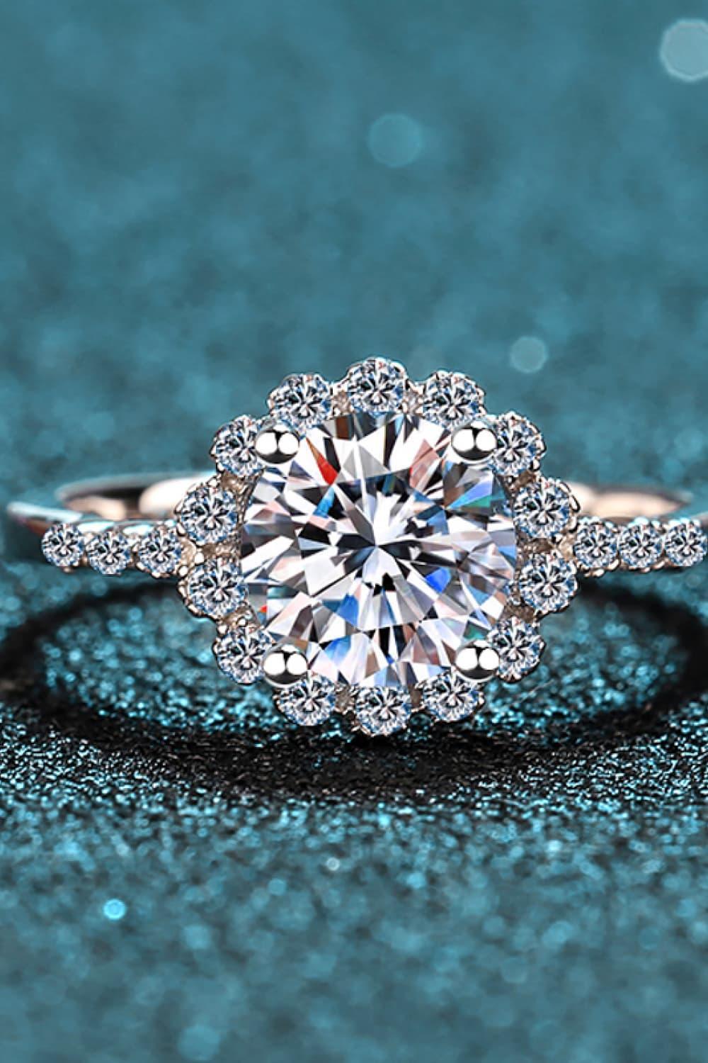 1 Carat Moissanite Halo Ring Rhodium Plated Sterling Silver - Southern Shores Clothing