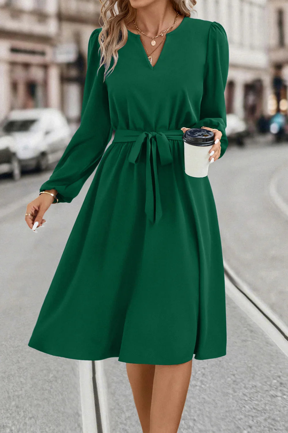 Tie Waist Notched Neck Long Sleeve Dress - Southern Shores Clothing