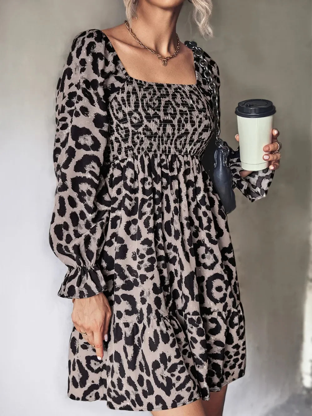 Leopard Smocked Flounce Sleeve Mini Dress - Southern Shores Clothing
