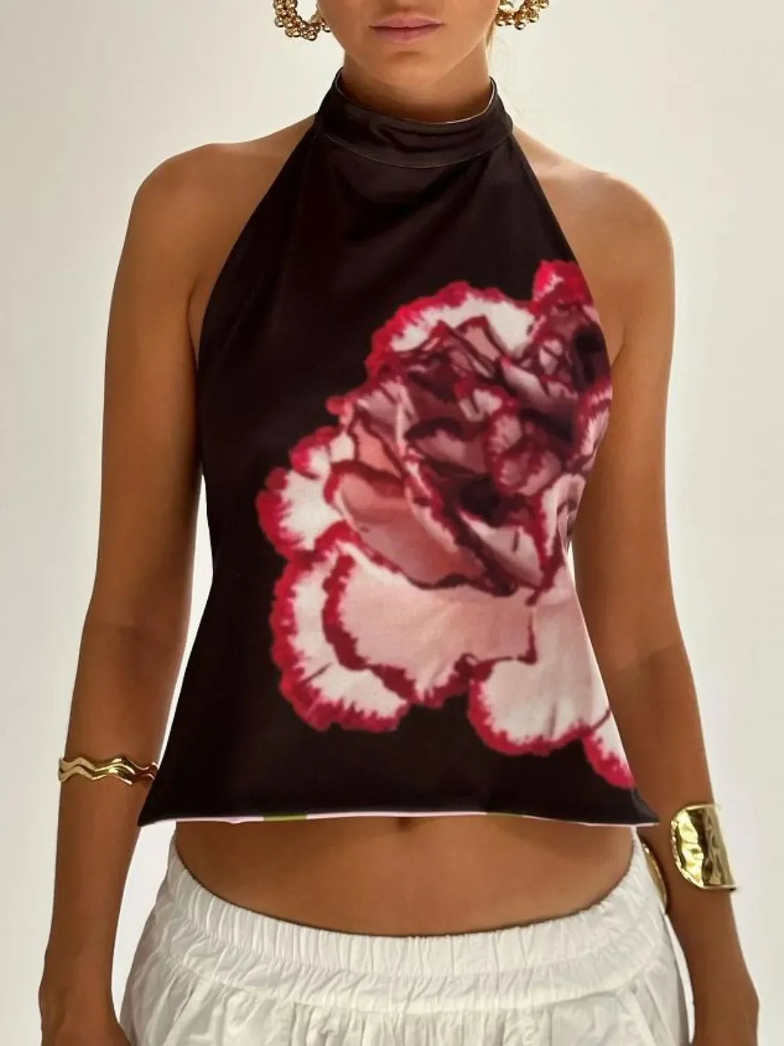 Backless Printed Halter Neck Tank Top With Slight Stretch - Southern Shores Clothing