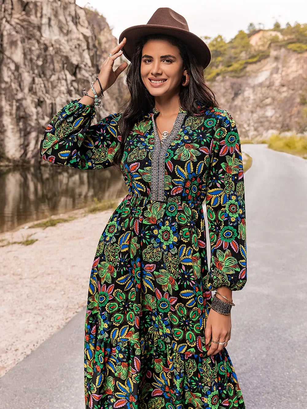 Printed Notched Neck Maxi Dress For Coastal Style - Southern Shores Clothing
