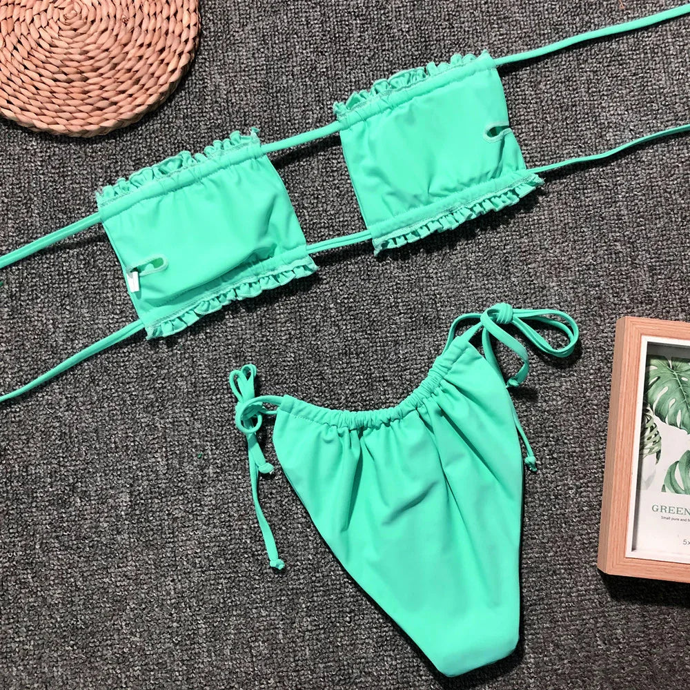 Frill Trim Ruched Bikini Set With Removable Padding - Southern Shores Clothing