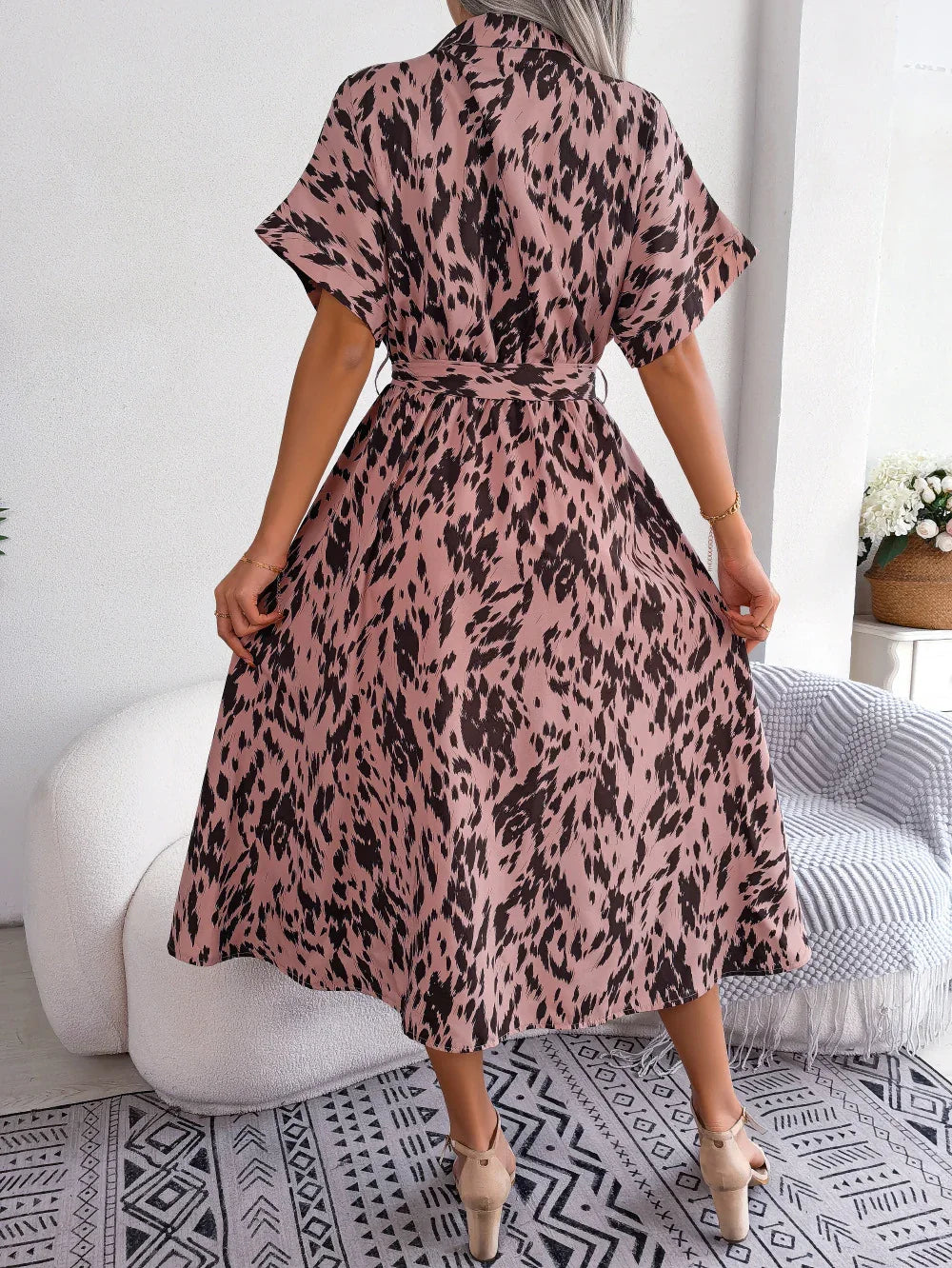 Printed Collared Neck Short Sleeve Tie Waist Dress - Southern Shores Clothing