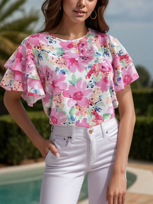 Floral Round Neck Flutter Sleeve Blouse Lightweight - Southern Shores Clothing