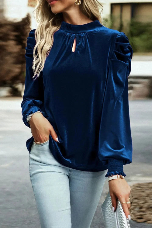 Southern Shores Clothing Long Sleeve Tie Up Mock Neck Velvet Fabric Blouse Design For Everyday Wear - Southern Shores Clothing
