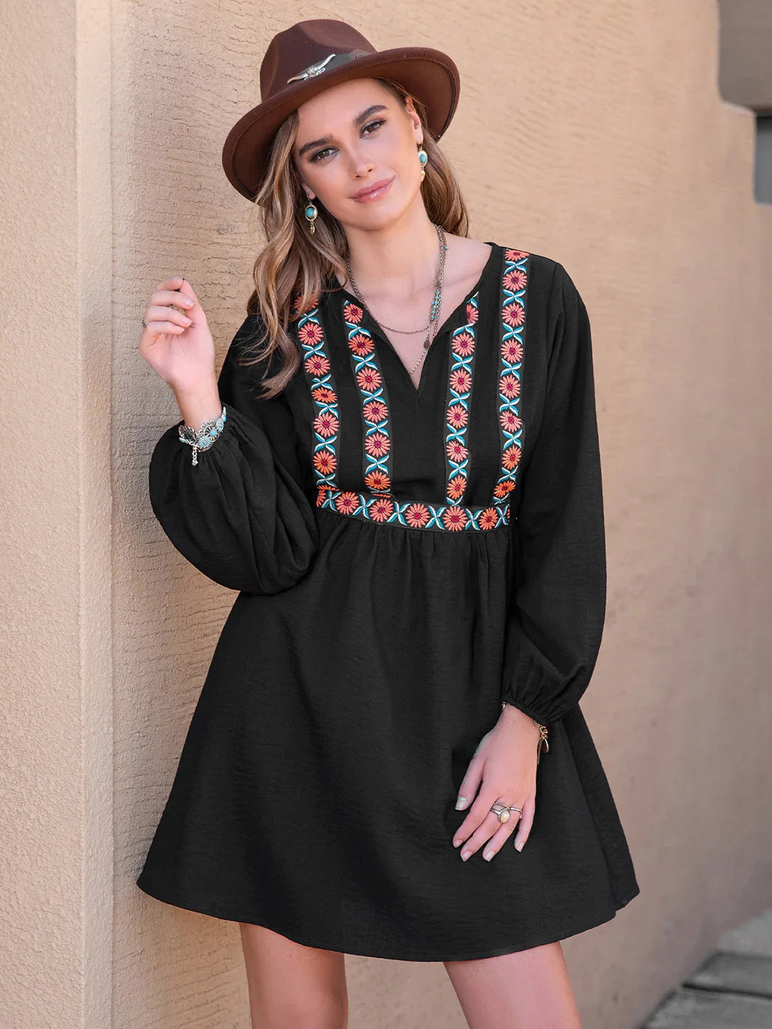 Notched Neck Long Sleeve Printed Mini Dress - Southern Shores Clothing