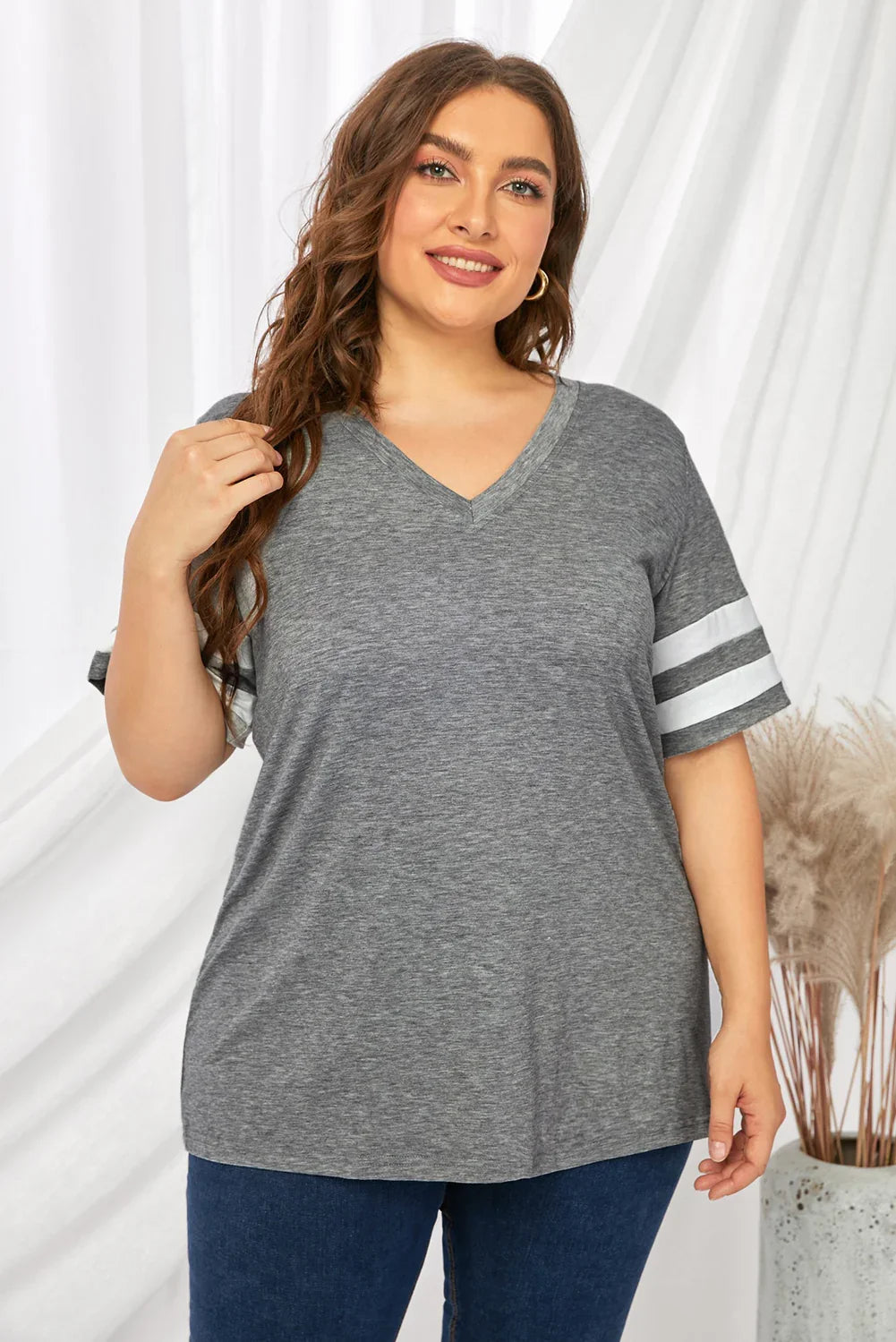 Plus Size Striped V-Neck Short Sleeve T-Shirt - Southern Shores Clothing