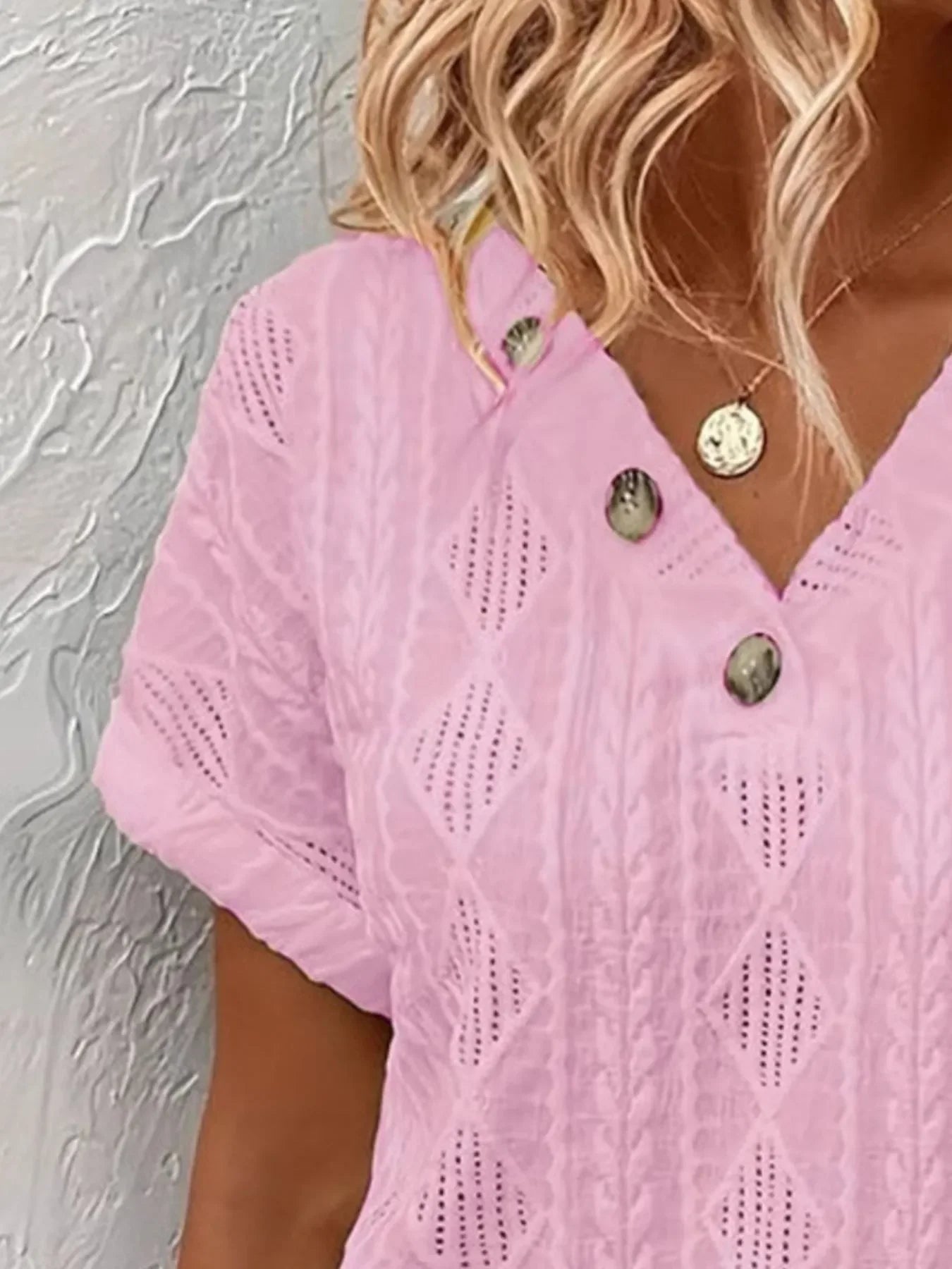 Textured V-Neck Short Sleeve Buttoned Top With Openwork - Southern Shores Clothing