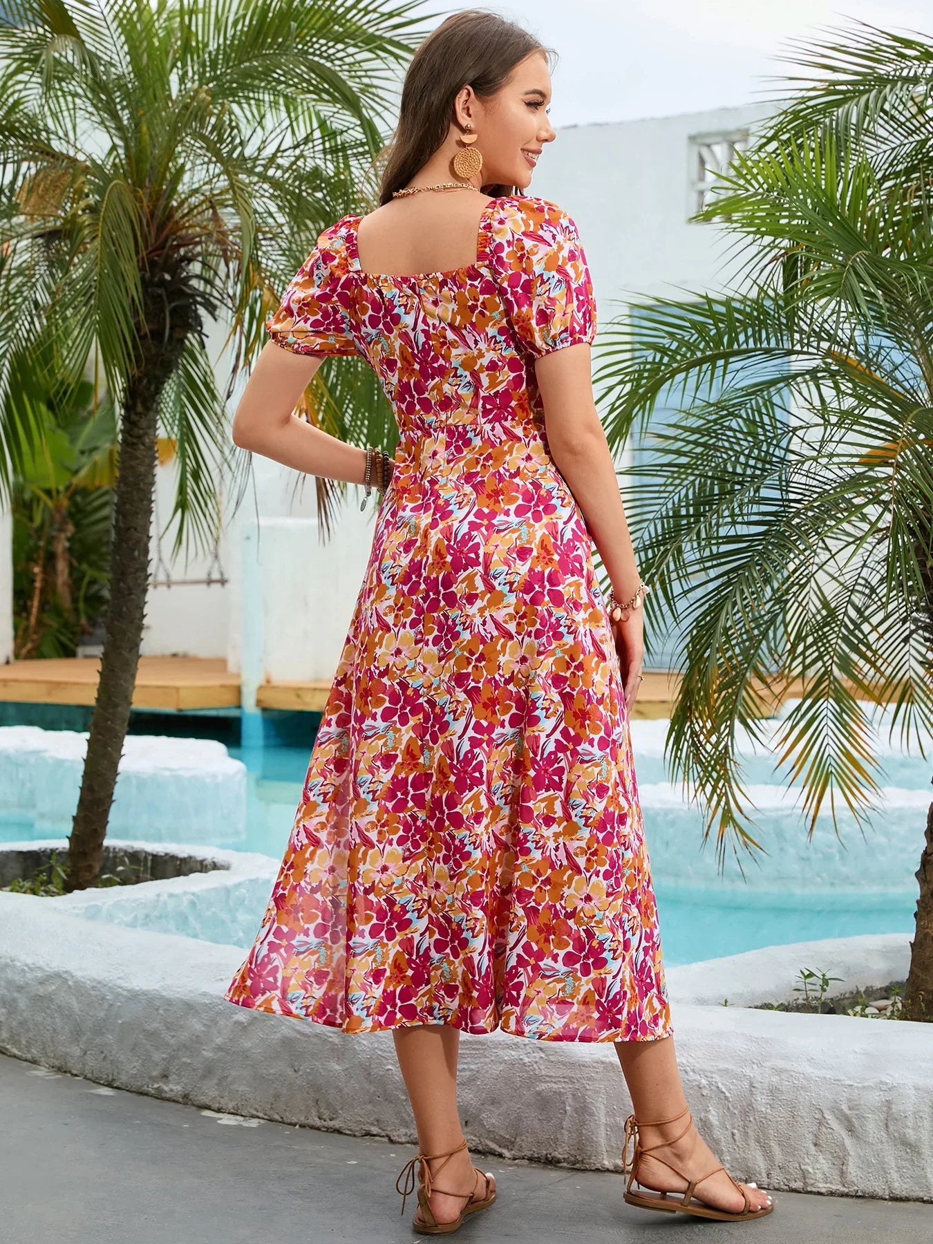 Floral Square Neck Short Sleeve Midi Dress - Southern Shores Clothing