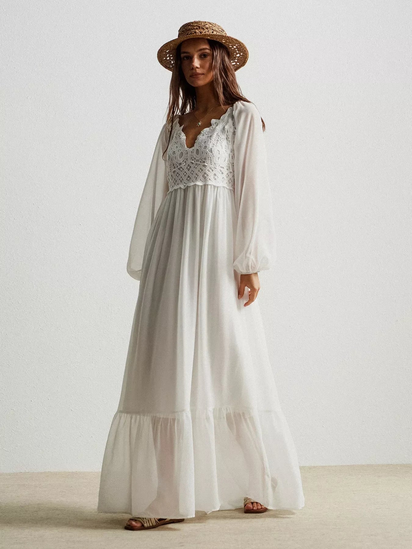 Boho Crochet Lace Maxi Dress With Smocked Bodice - Southern Shores Clothing