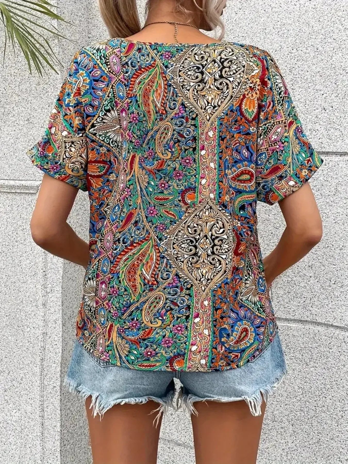 Bohemian Paisley Print V-Neck Short Sleeve T-Shirt - Southern Shores Clothing