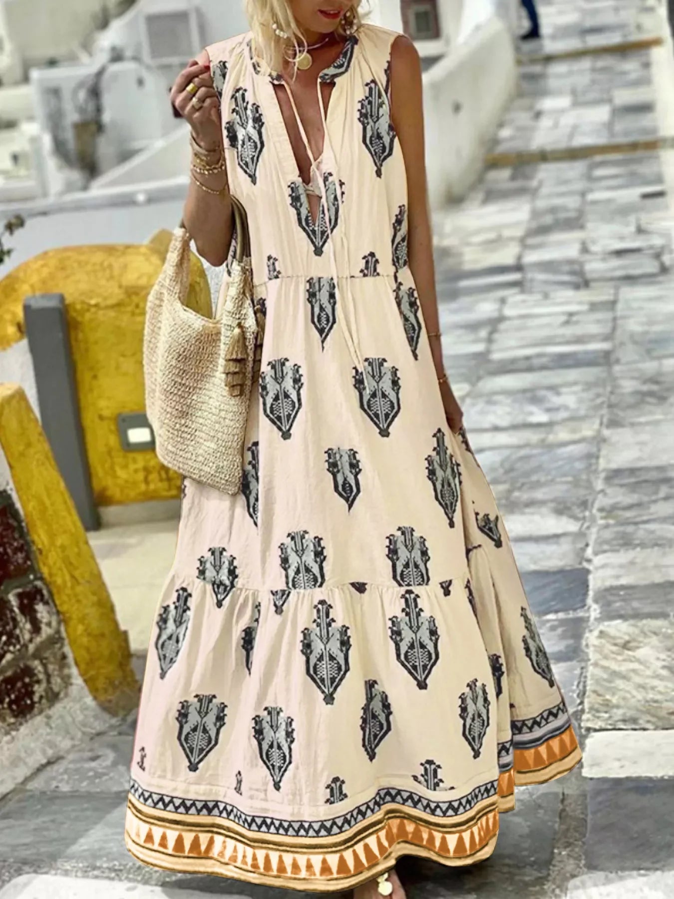 Printed Sleeveless Maxi Dress With Tiered Skirt - Southern Shores Clothing