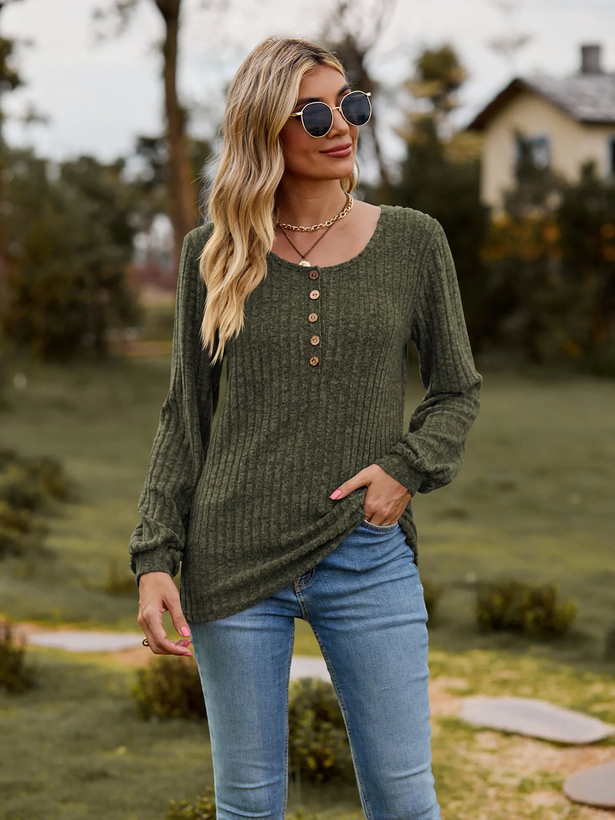 Stretchy Heathered Round Neck Button-Down Long Sleeve Tee - Southern Shores Clothing