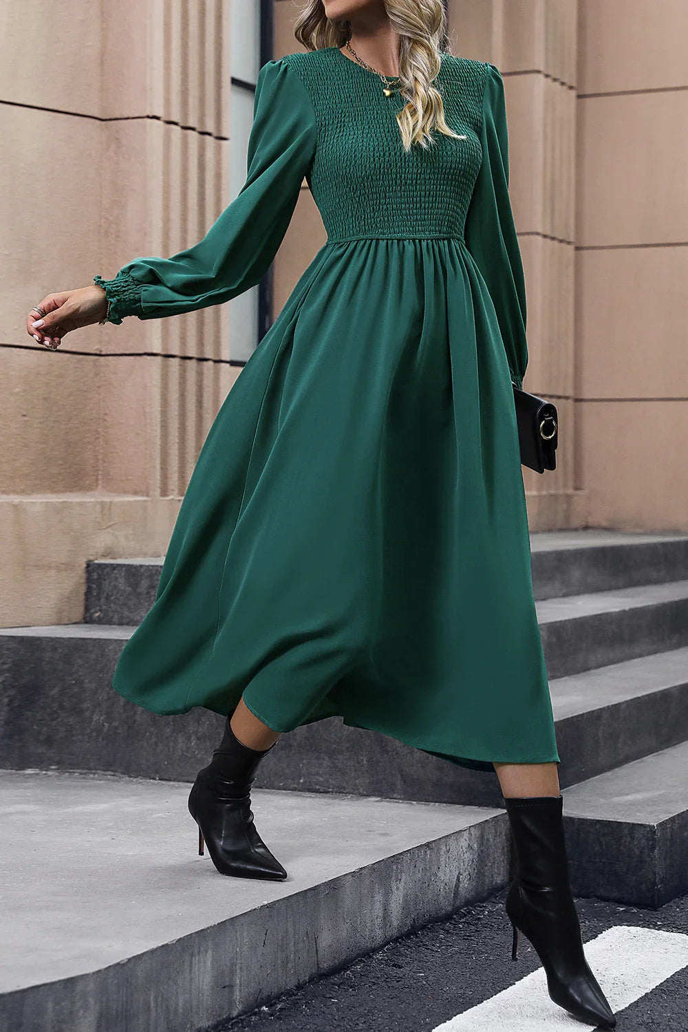 Smocked Long Sleeve Midi Dress For Coastal Activities - Southern Shores Clothing