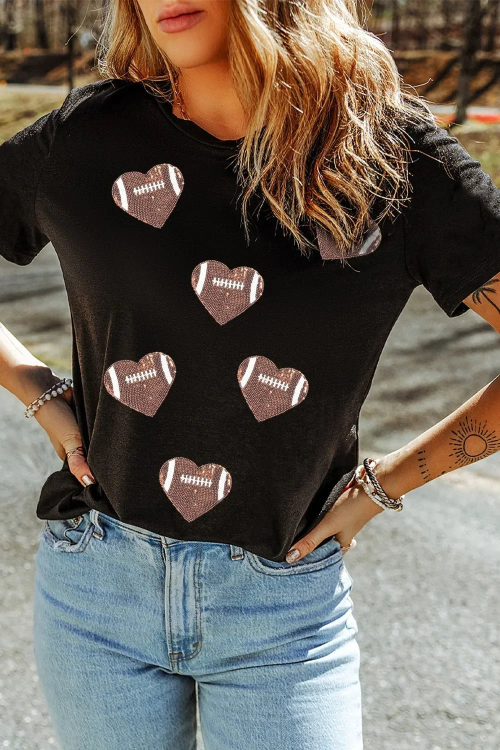 Game Day Football Heart Round Neck T Shirt Sequin Detail | Southern Shores Clothing - Southern Shores Clothing