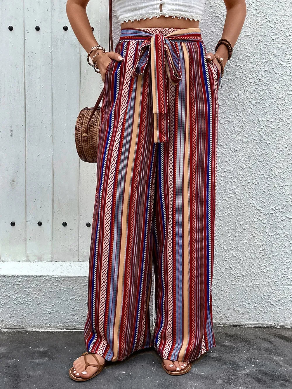 Geometric Print Tie-Waist Wide-Leg Pants With Pockets, Casual - Southern Shores Clothing