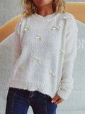 Bow Trim Round Neck Long Sleeve Knit Sweater - Southern Shores Clothing