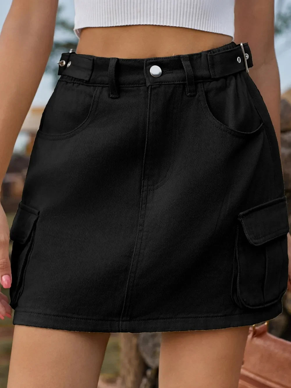 Adjustable Waist Denim Skirt With Pockets - Southern Shores Clothing
