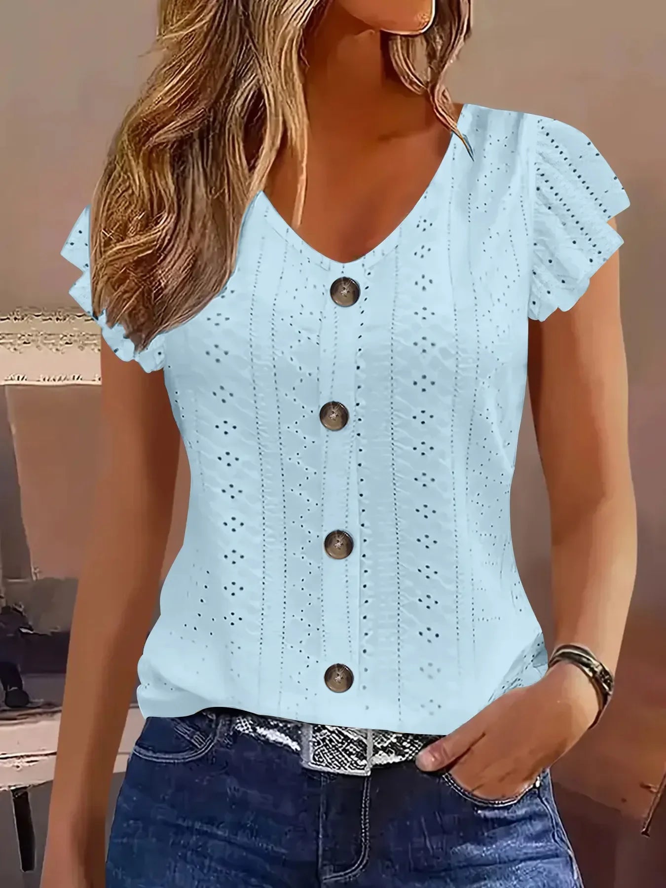 Eyelet Button-Front Flutter Sleeve Top With Stretch - Southern Shores Clothing