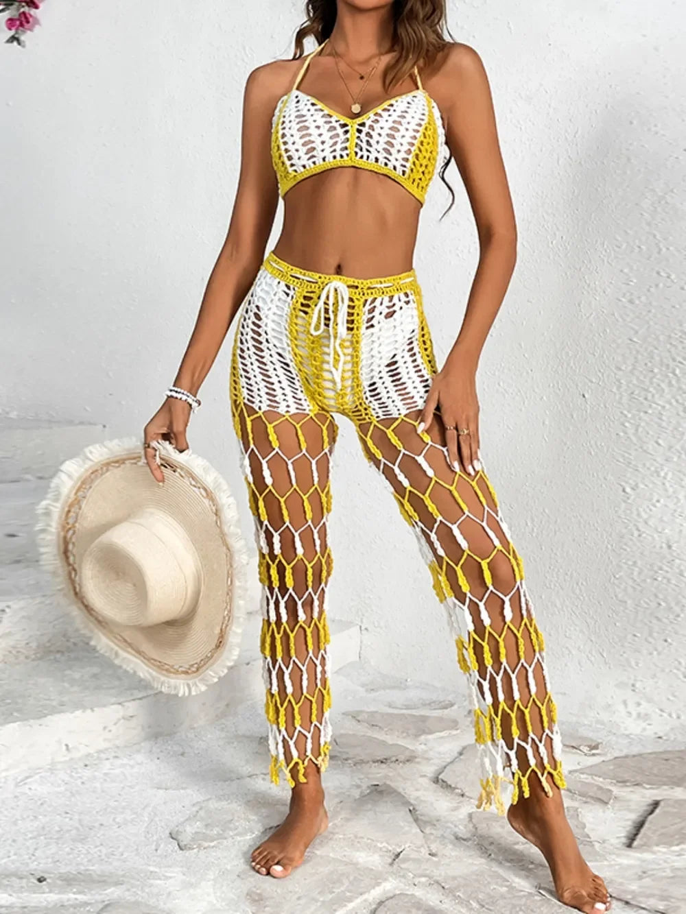 Cutout Crochet Halter Top And Netted Pants Two-Piece Swim Set - Southern Shores Clothing