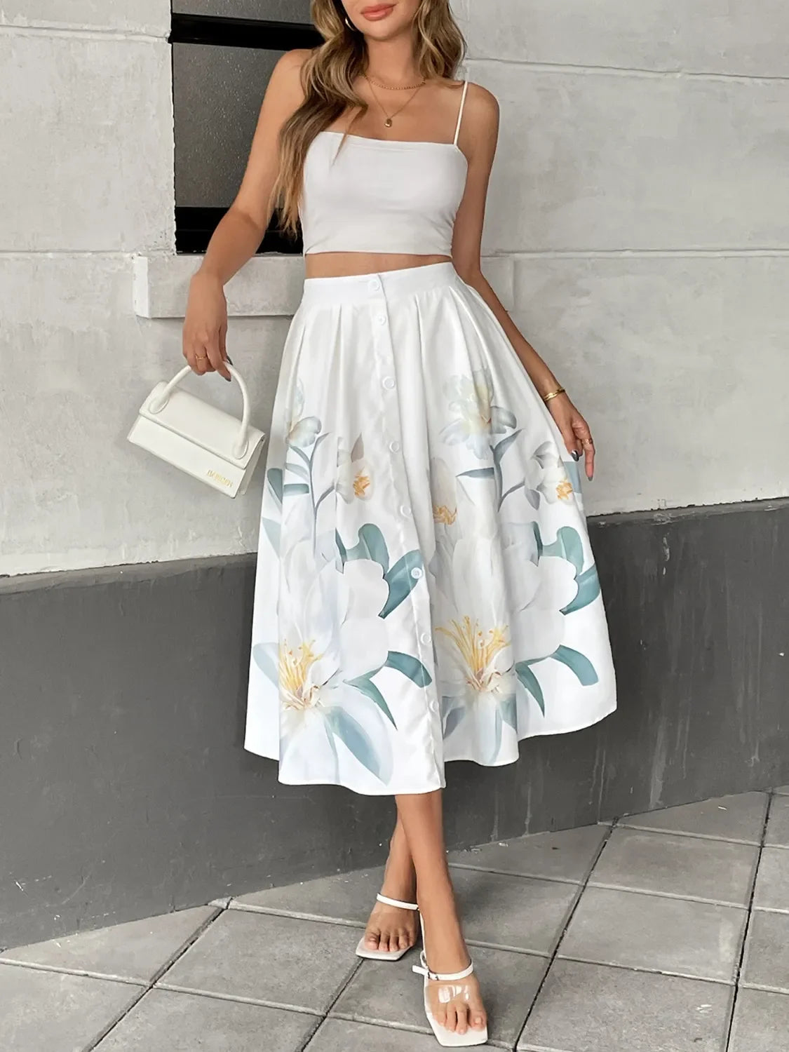 Floral Print Midi Skirt With Button Details - Southern Shores Clothing