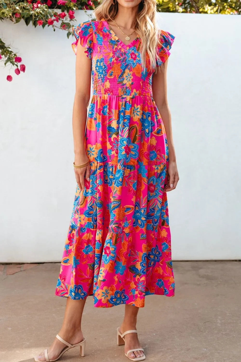 Boho Floral V-Neck Ruffle Tiered Flutter Sleeve Maxi Dress - Southern Shores Clothing