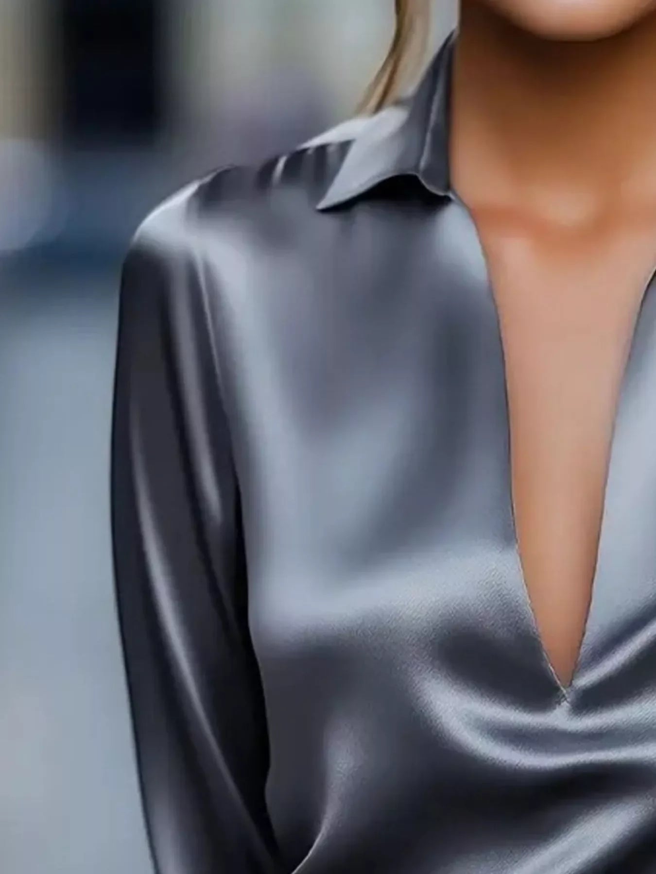 Satin Johnny Collar Long Sleeve Blouse Relaxed Fit - Southern Shores Clothing