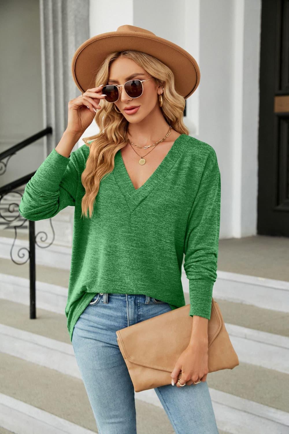 Casual V-Neck Long Sleeve Solid T-Shirt With Relaxed Fit - Southern Shores Clothing