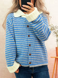 Striped Knit Button-Down Cardigan With Collar - Southern Shores Clothing