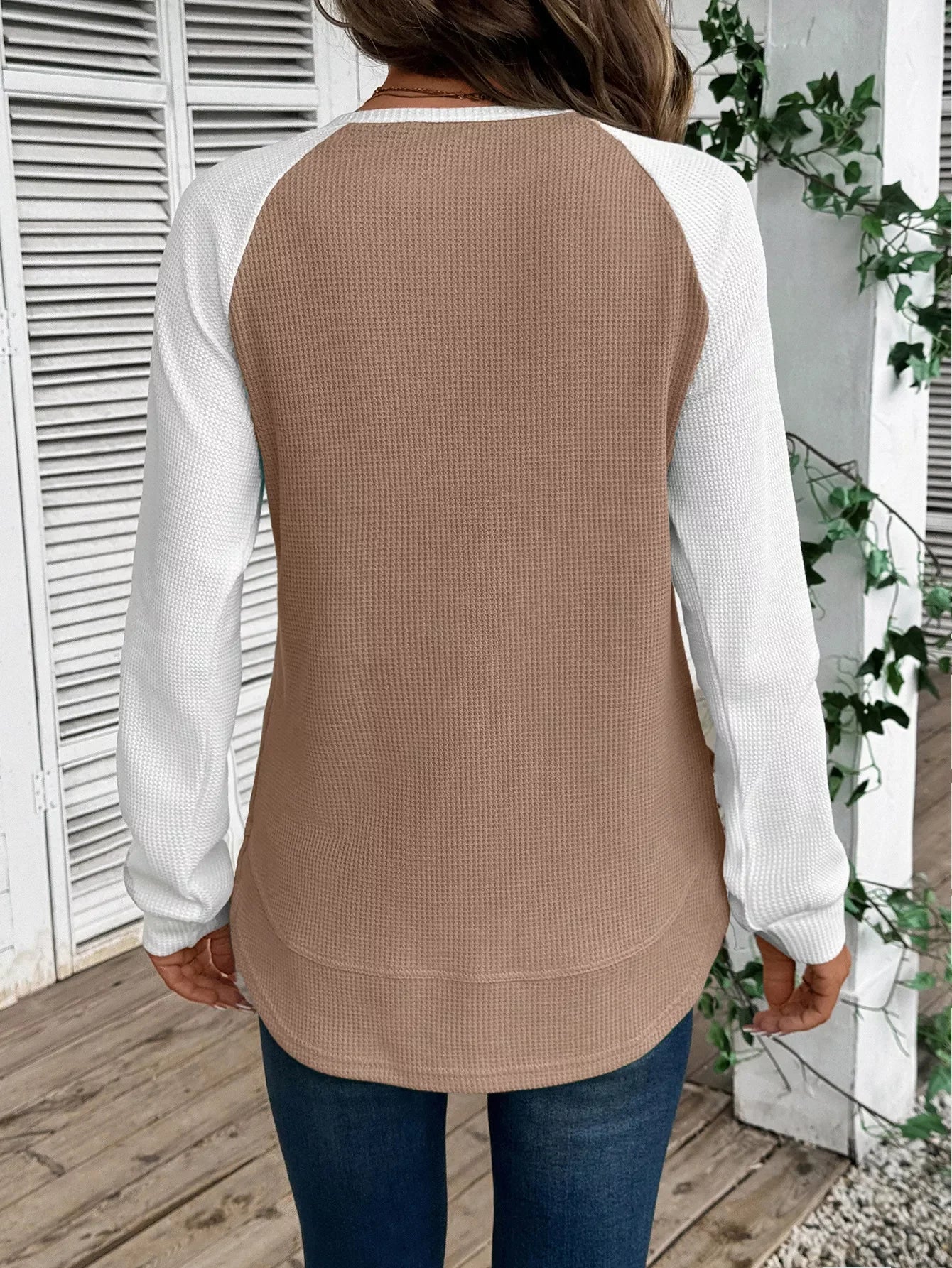 Contrast Raglan Sleeves Waffle Knit T Shirt - Southern Shores Clothing