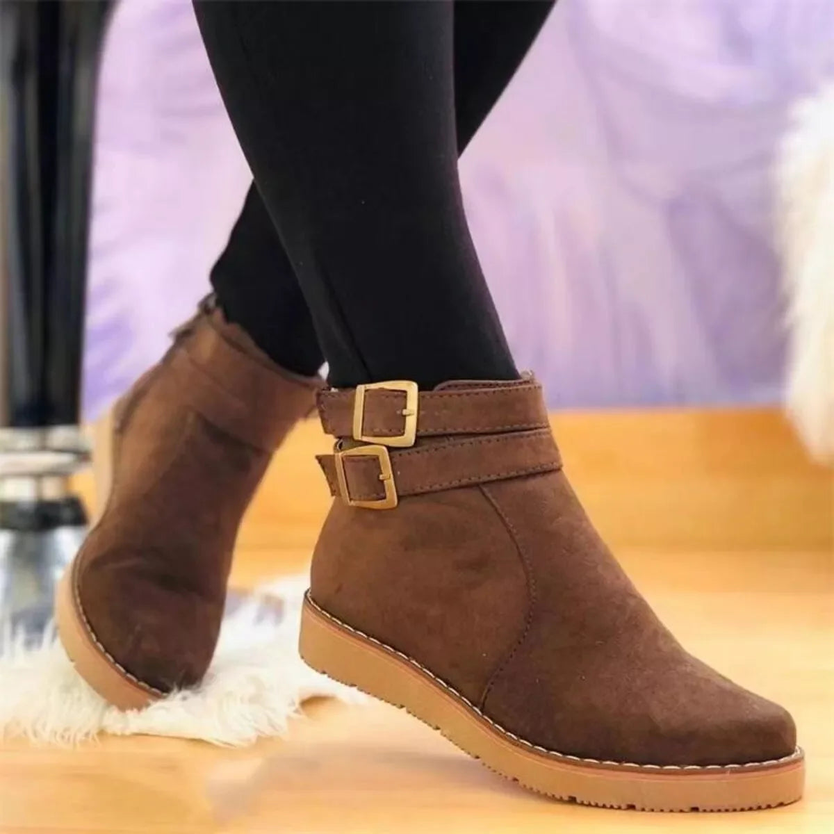 Buckle Accent Suede Ankle Boots With Rubber Sole - Southern Shores Clothing