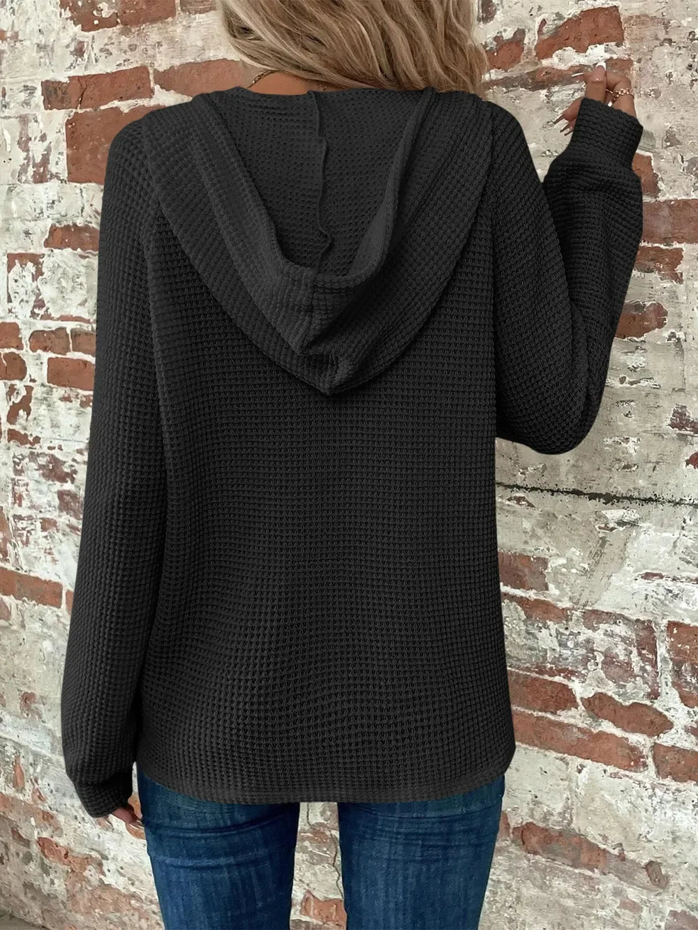 Waffle Knit Long Sleeve Drawstring Hooded Top - Southern Shores Clothing