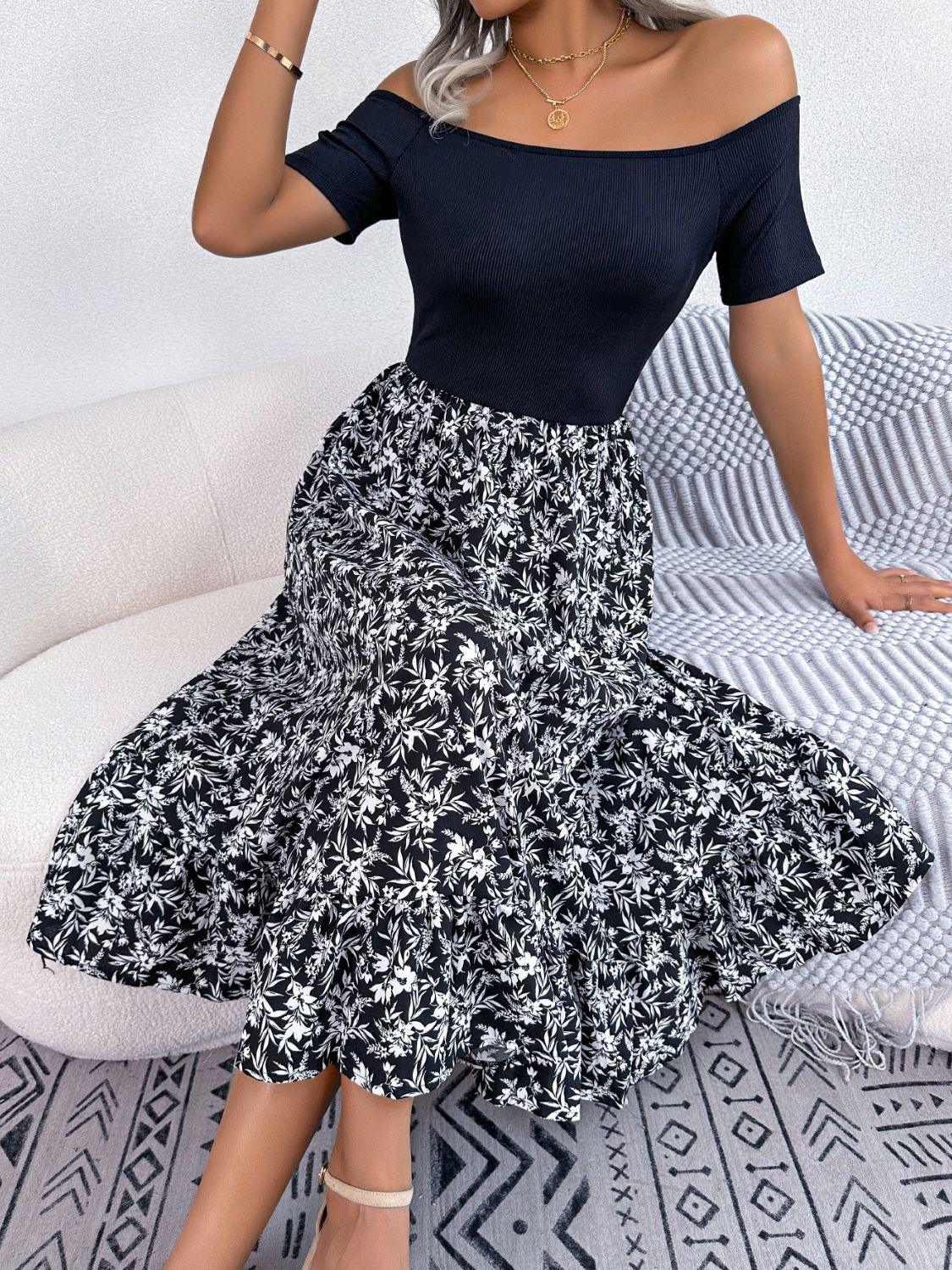 Printed Off-Shoulder Ruffle Hem Dress - Southern Shores Clothing