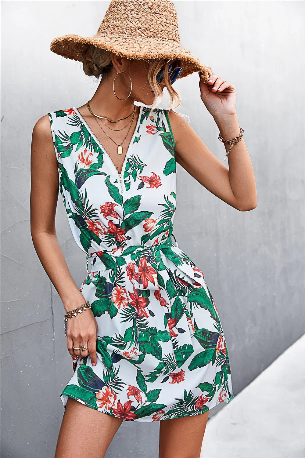 Printed Zip Detail Belted Sleeveless Dress - Southern Shores Clothing