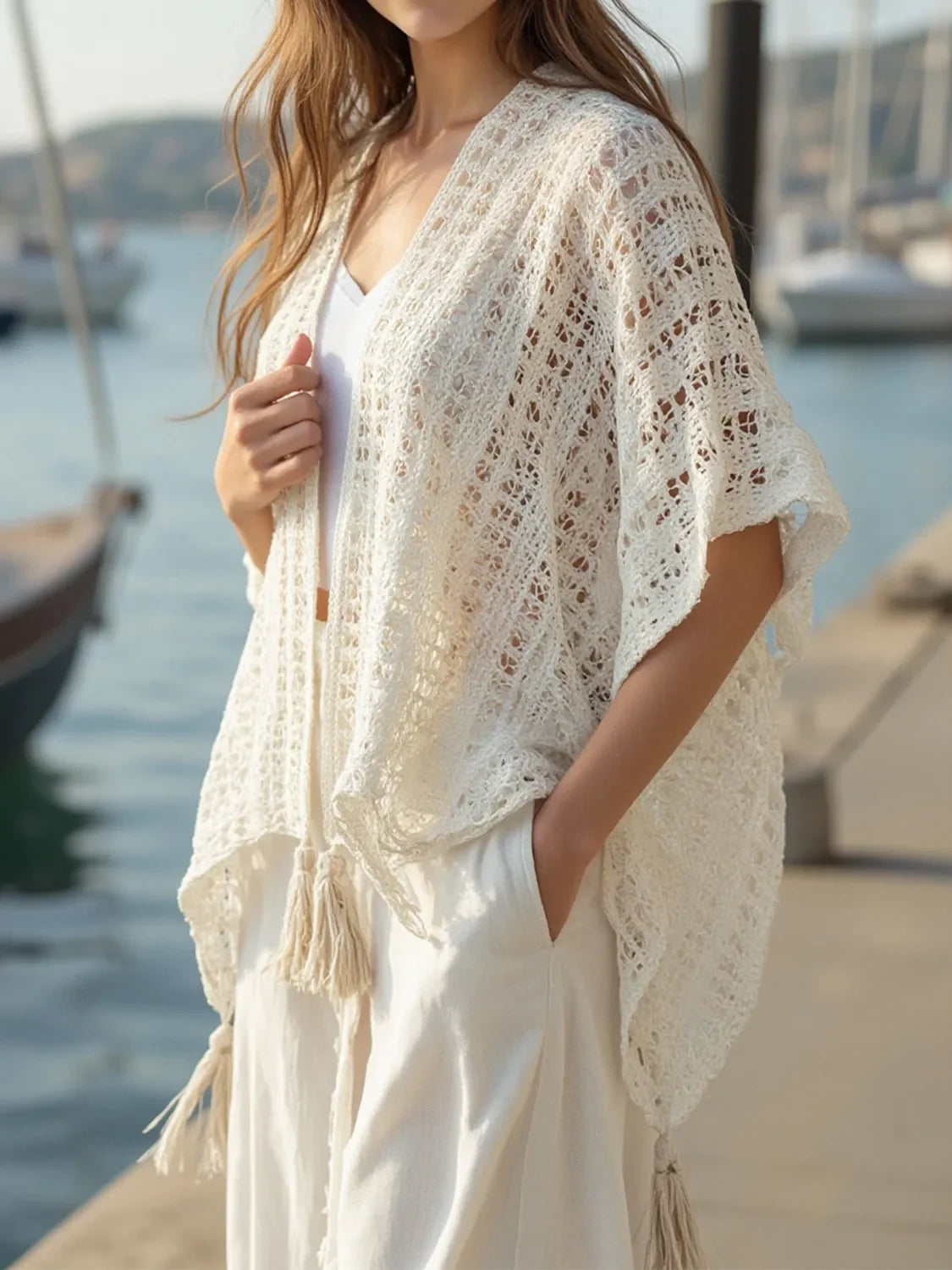 Openwork Tassel Open Front Knit Cover Up Kimono Lightweight - Southern Shores Clothing
