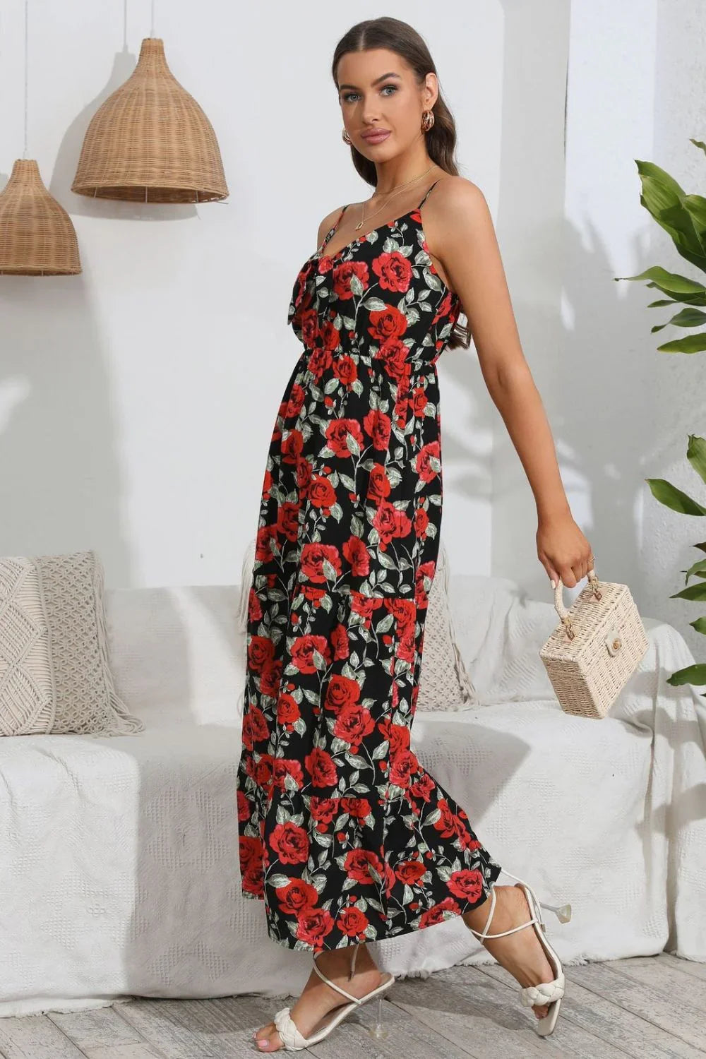 Rose Print Spaghetti Strap Sweetheart Neck Dress - Southern Shores Clothing