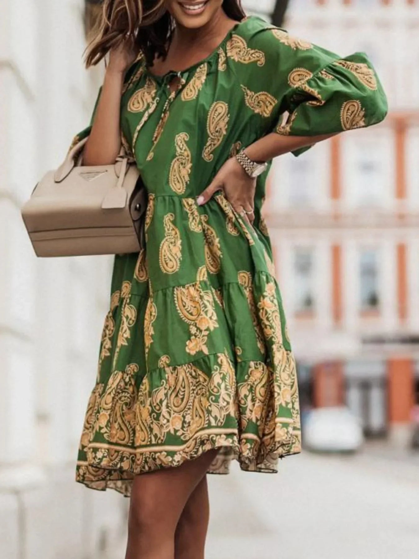 Paisley Print Tie Neck Half Sleeve Mini Dress Casual Everyday - Southern Shores Clothing