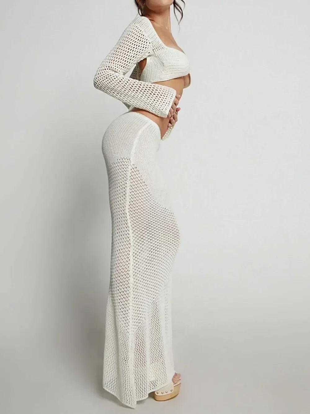 Crochet Tie Front Long Sleeve Top And Maxi Skirt Two Piece Set - Southern Shores Clothing
