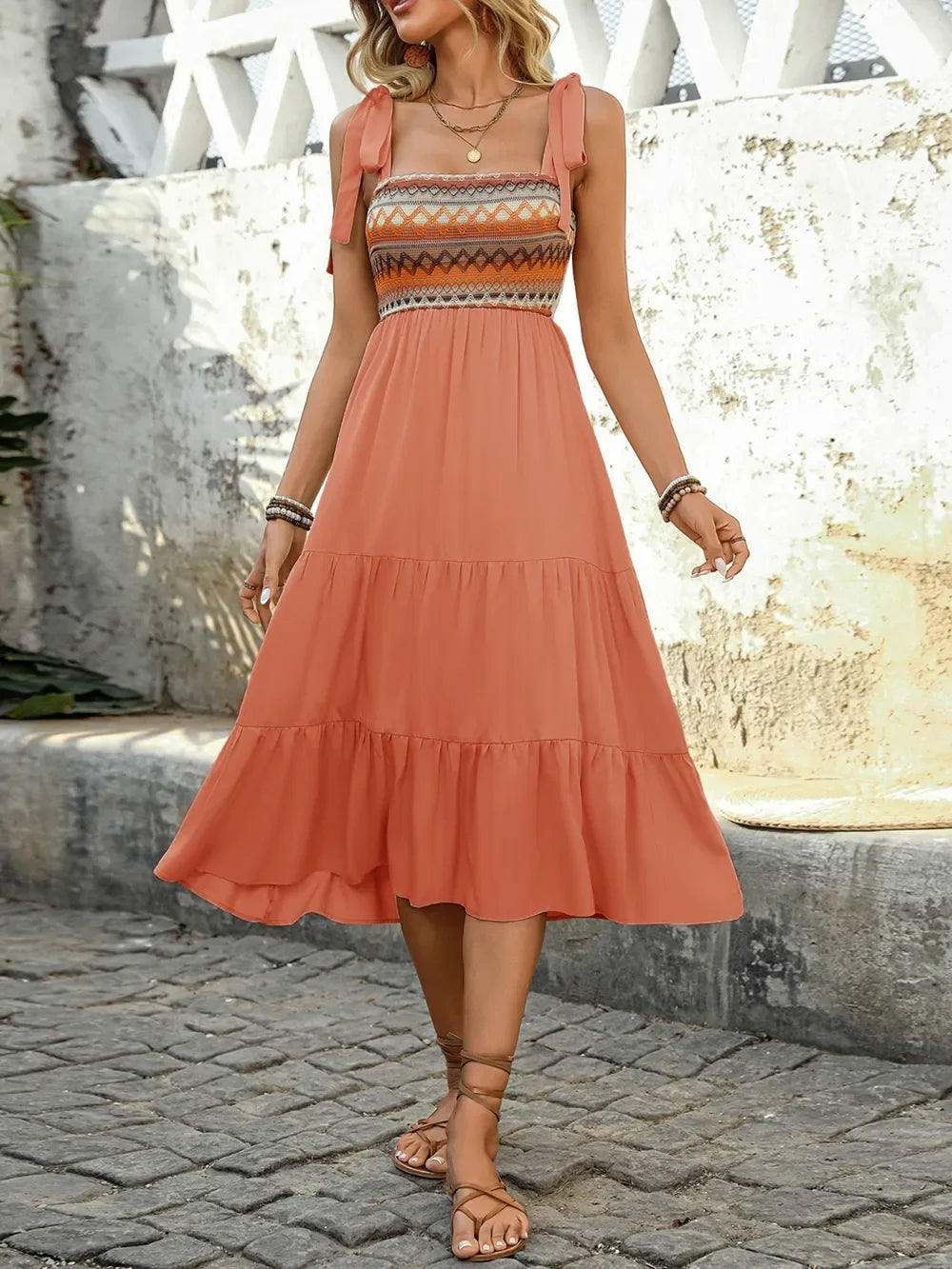 Smocked Bodice Tie Shoulder Square Neck Tiered Midi Dress - Southern Shores Clothing
