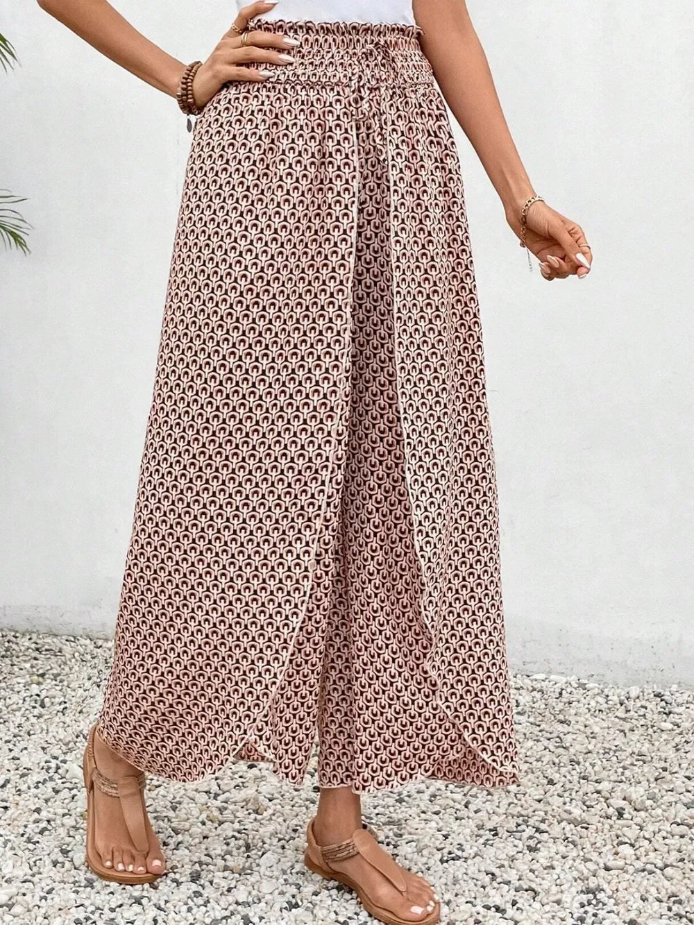 Floral Print Tie-Waist Wide Leg Pants With Front Slit Detail - Southern Shores Clothing