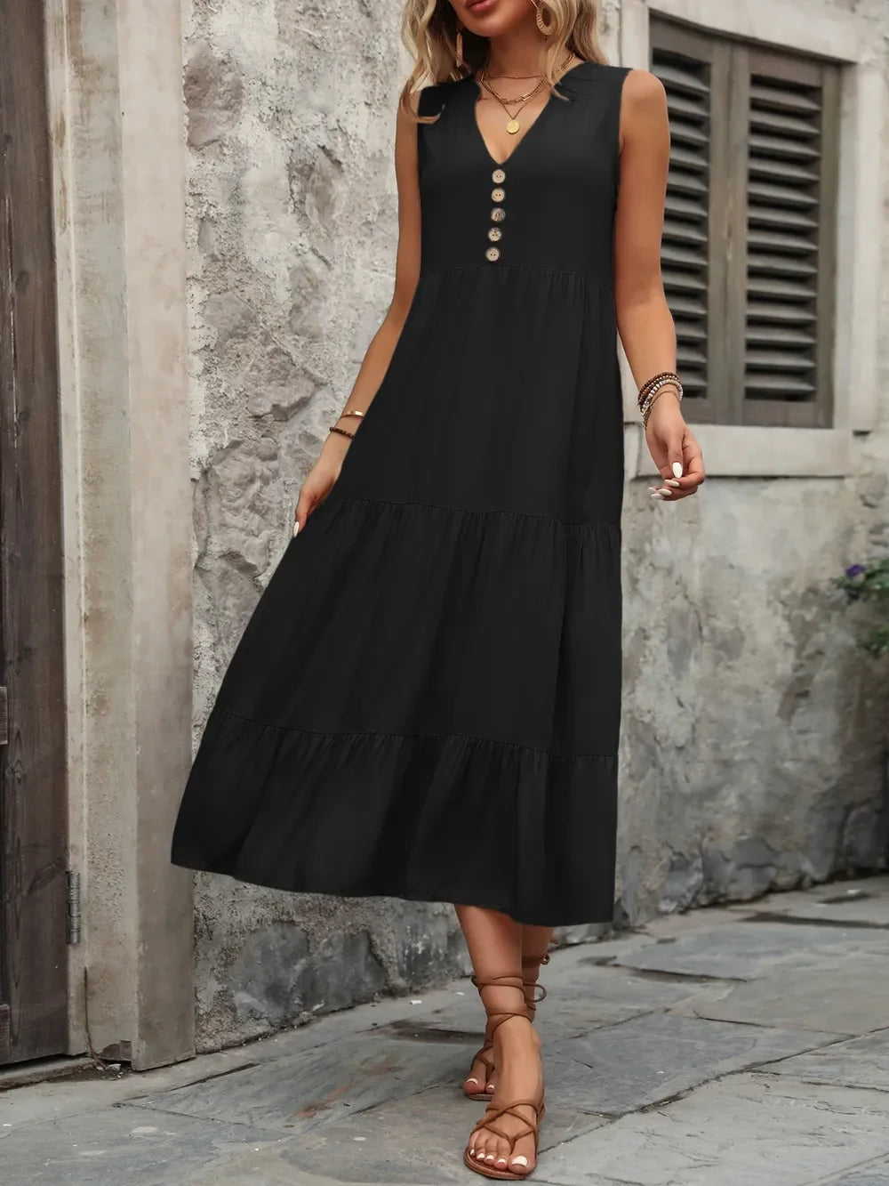Notched Sleeveless Maxi Dress With Buttons - Southern Shores Clothing