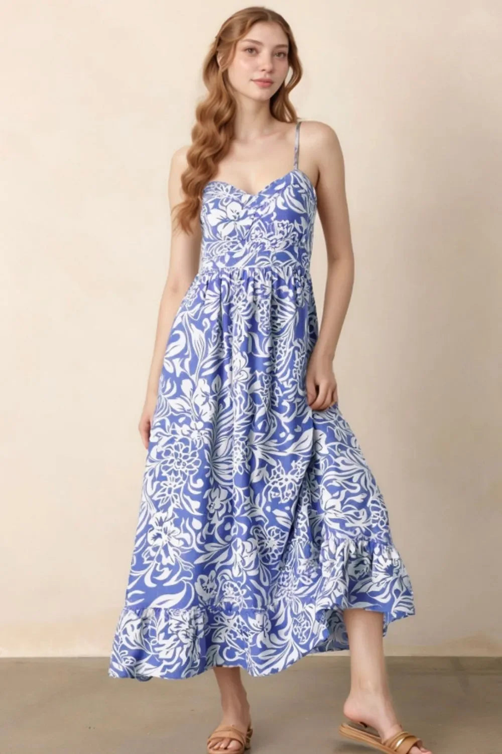 Floral Print Spaghetti Strap High Waist Midi Dress Tiered Hem - Southern Shores Clothing